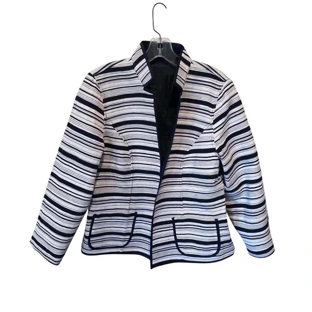 Reversible Navy Blue & Striped Open Front quilted Jacket Women Large (READ)